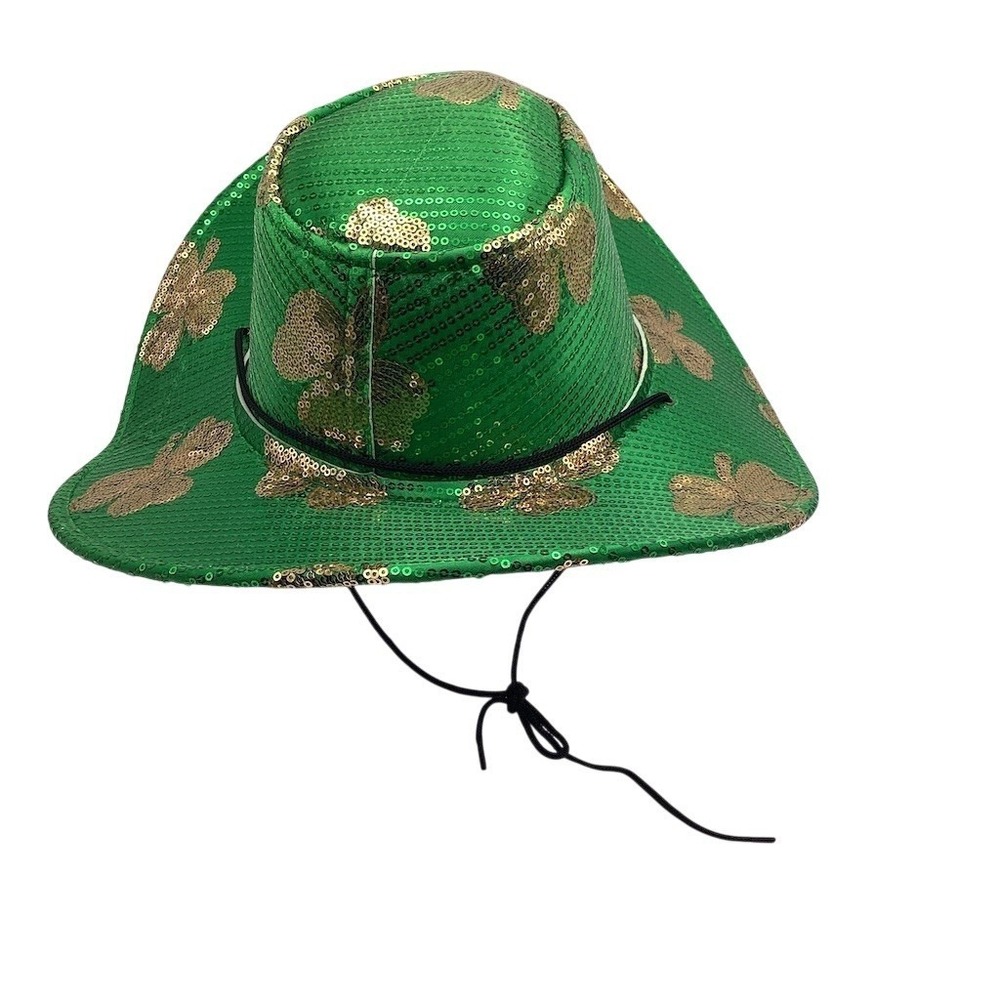 Green Sequin Cowboy Hat Unisex One Size Gold‎ Shamrock Pattern Chin Strap